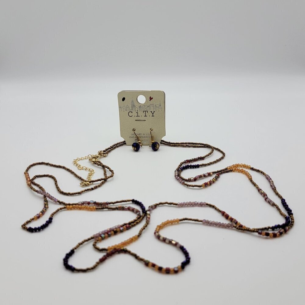 Multicolor Seed Bead Crystal Necklace And Earrings Set Gold Tone 35"/7.5mm New